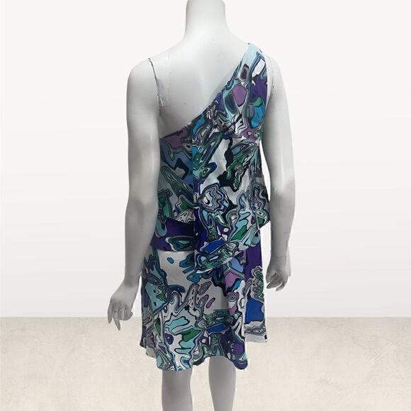 Suzi Chin One Shoulder Retro 70’s Print Tiered Dress - Picture 4 of 7